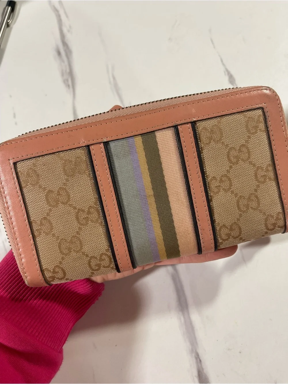 Gucci Pink Trim GG Canvas Zip Wallet with Multicolor Stripe